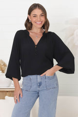 Magah Top - Buttoned Bodice Long Sleeve Slimline Smock Top in Black