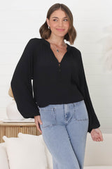 Magah Top - Buttoned Bodice Long Sleeve Slimline Smock Top in Black