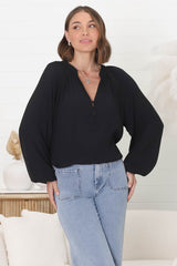 Magah Top - Buttoned Bodice Long Sleeve Slimline Smock Top in Black