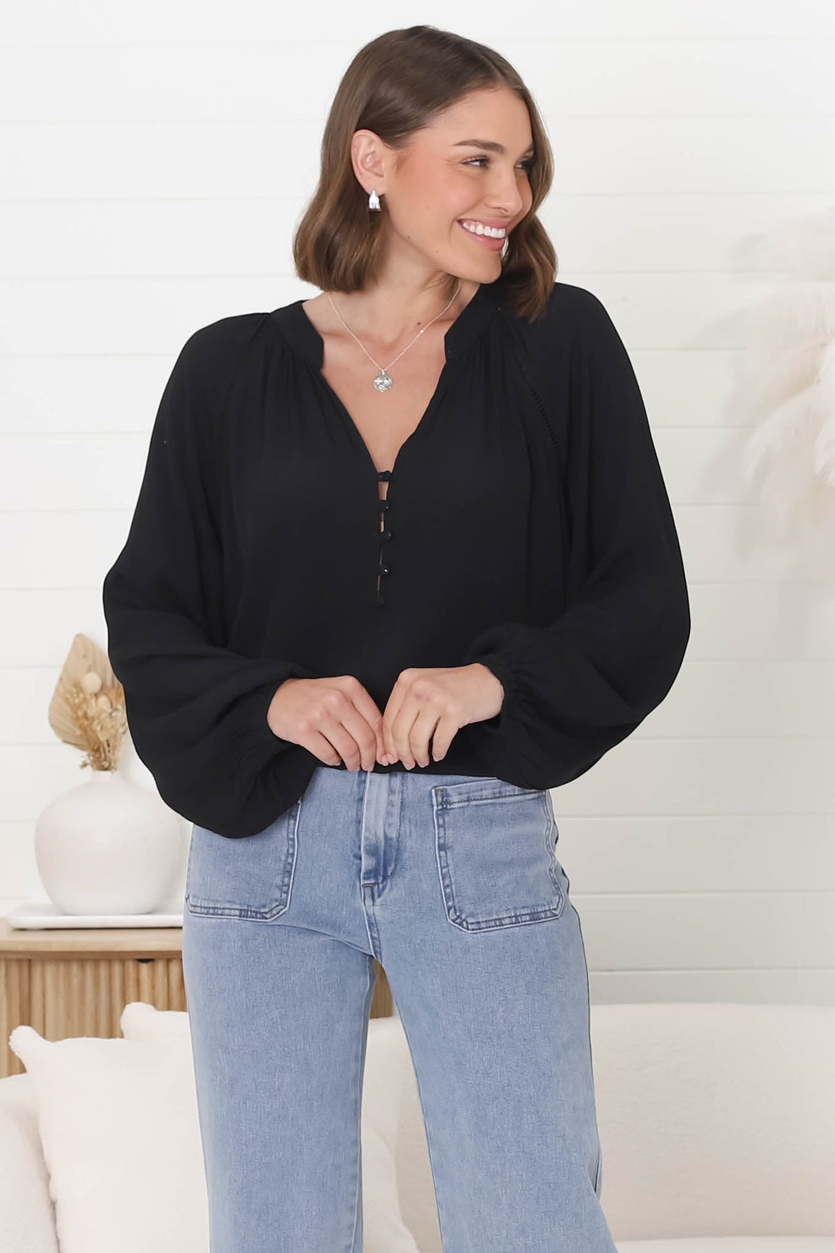 Magah Top - Buttoned Bodice Long Sleeve Slimline Smock Top in Black