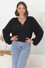 Magah Top - Buttoned Bodice Long Sleeve Slimline Smock Top in Black