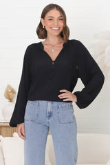 Magah Top - Buttoned Bodice Long Sleeve Slimline Smock Top in Black