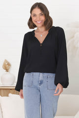 Magah Top - Buttoned Bodice Long Sleeve Slimline Smock Top in Black