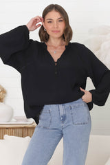 Magah Top - Buttoned Bodice Long Sleeve Slimline Smock Top in Black