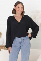 Magah Top - Buttoned Bodice Long Sleeve Slimline Smock Top in Black