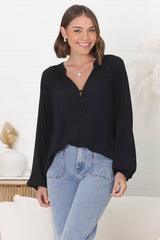 Magah Top - Buttoned Bodice Long Sleeve Slimline Smock Top in Black