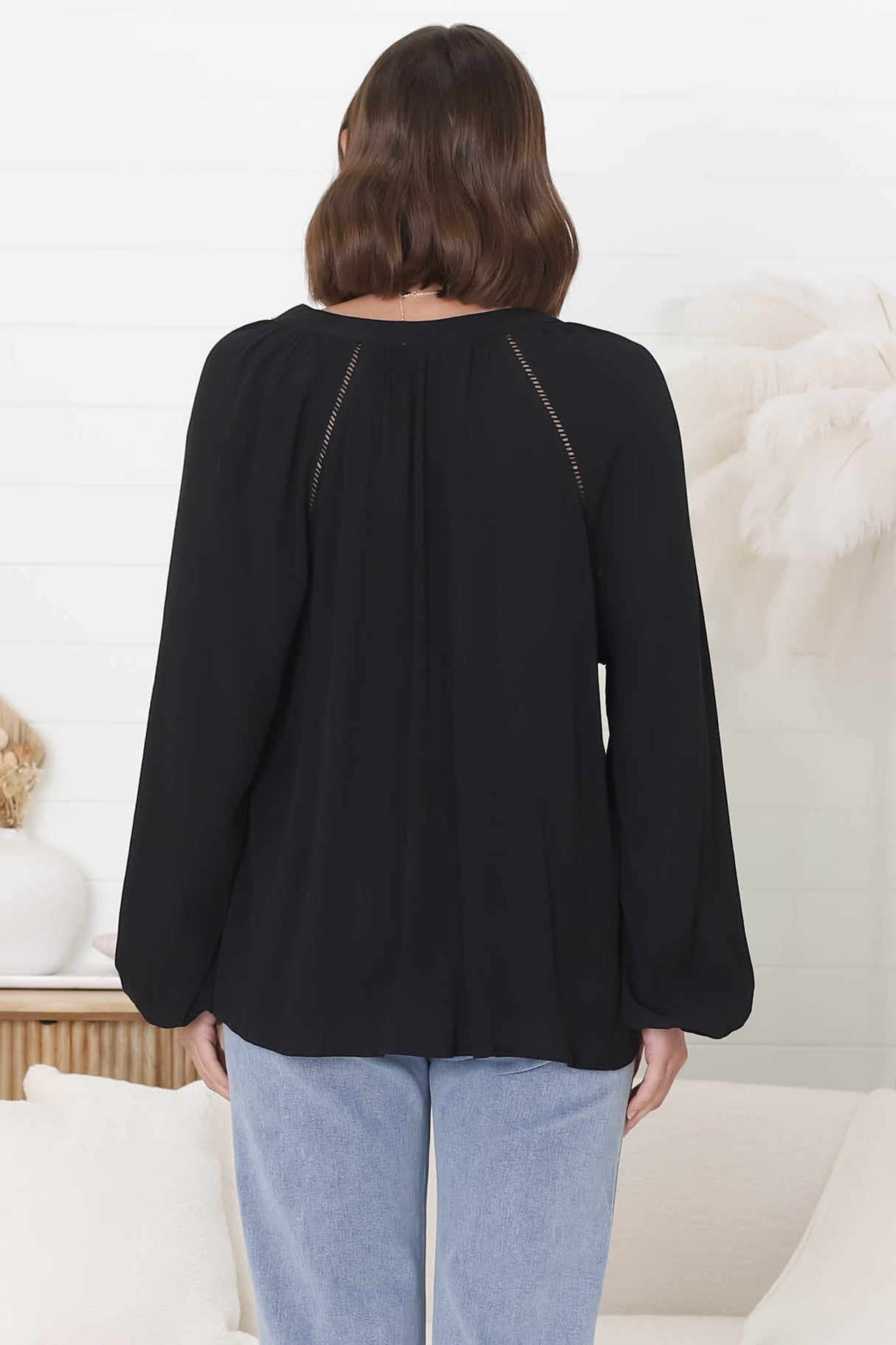 Magah Top - Buttoned Bodice Long Sleeve Slimline Smock Top in Black