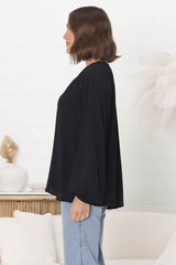 Magah Top - Buttoned Bodice Long Sleeve Slimline Smock Top in Black