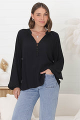 Magah Top - Buttoned Bodice Long Sleeve Slimline Smock Top in Black