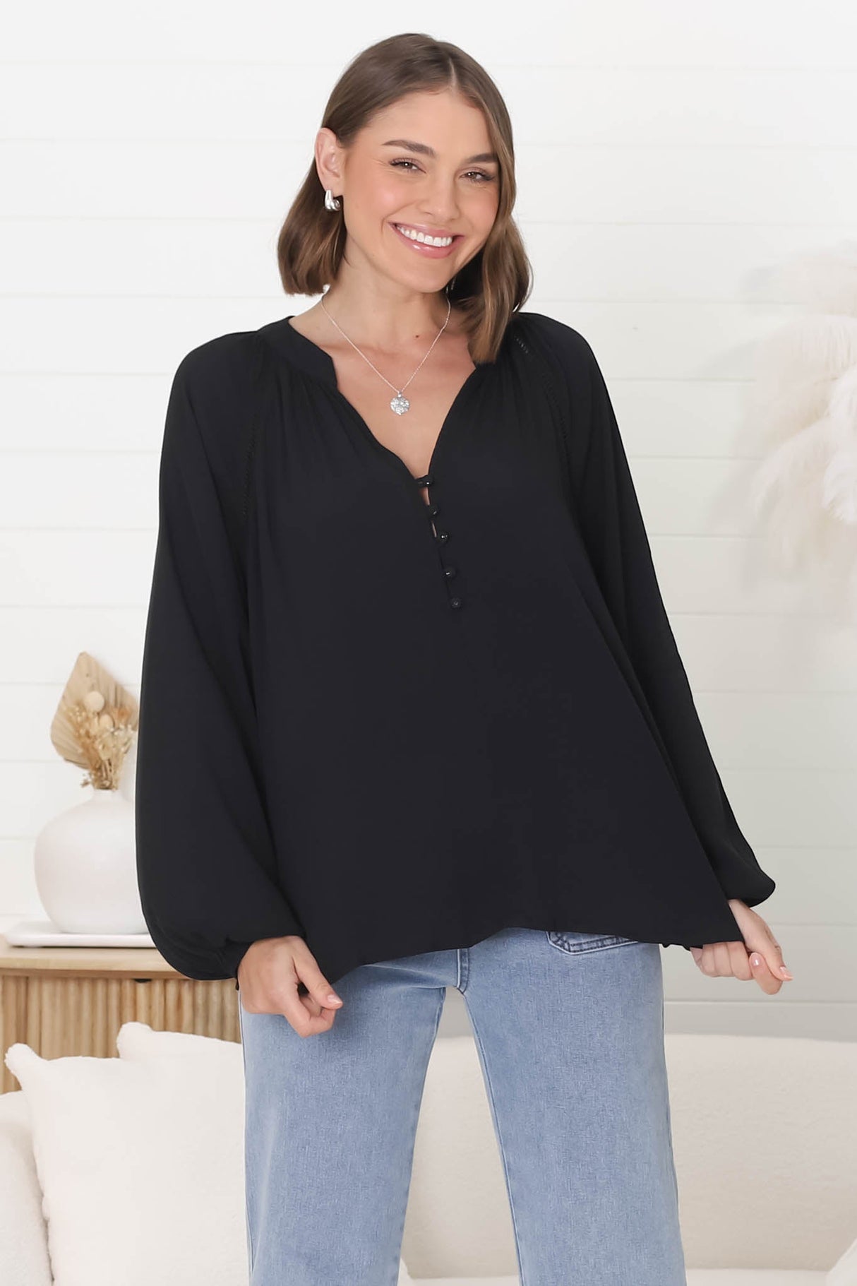 Magah Top - Buttoned Bodice Long Sleeve Slimline Smock Top in Black