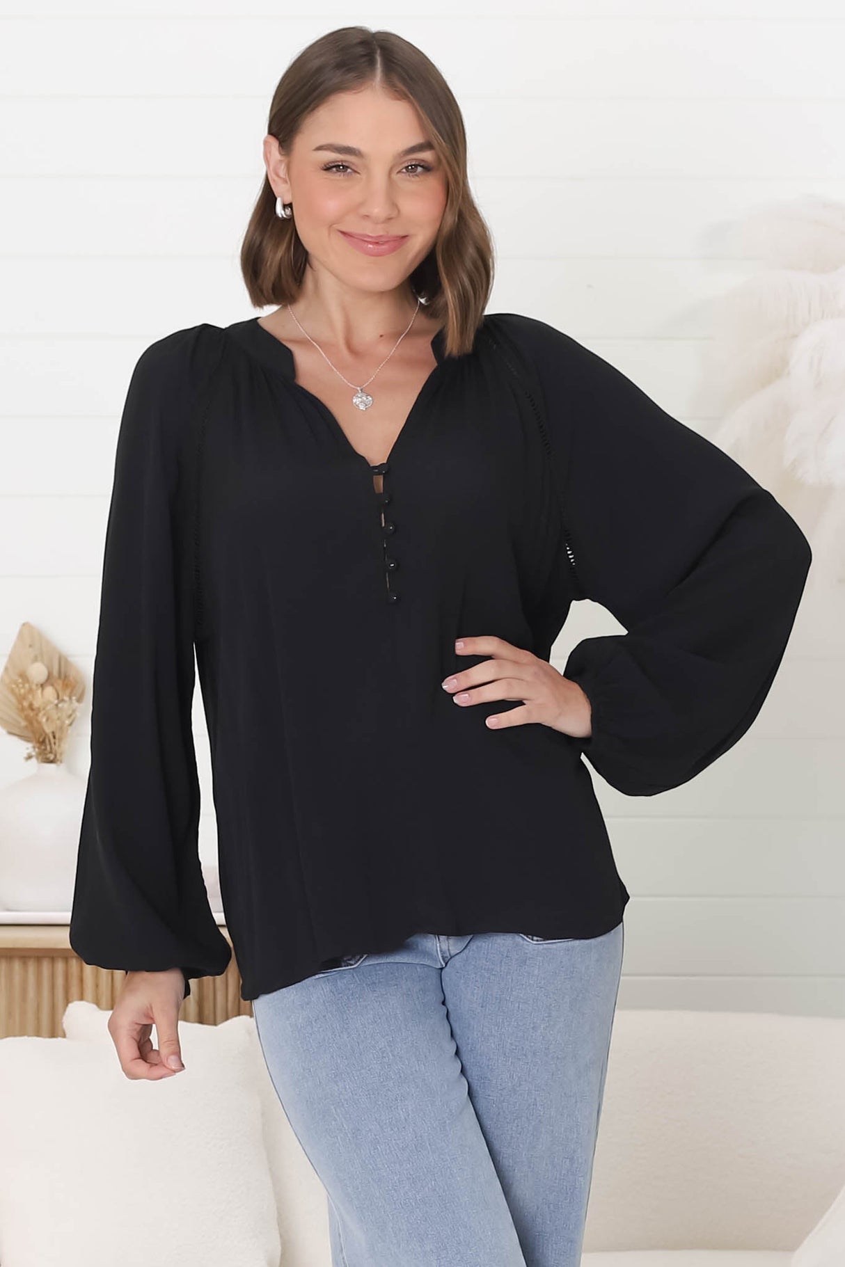 Magah Top - Buttoned Bodice Long Sleeve Slimline Smock Top in Black