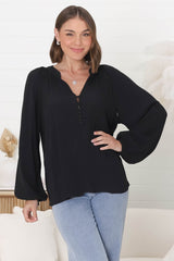 Magah Top - Buttoned Bodice Long Sleeve Slimline Smock Top in Black