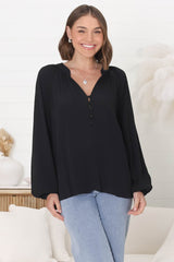 Magah Top - Buttoned Bodice Long Sleeve Slimline Smock Top in Black