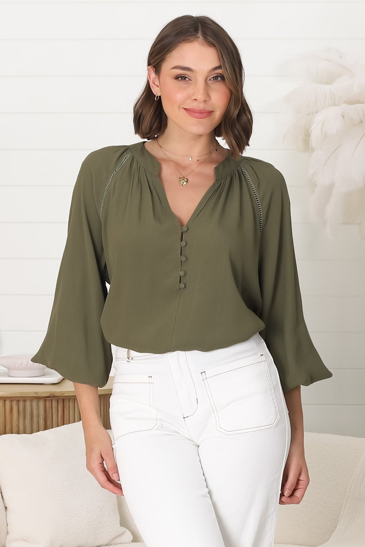 Magah Top - Buttoned Bodice Long Sleeve Slimline Smock Top in Military Green