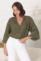 Magah Top - Buttoned Bodice Long Sleeve Slimline Smock Top in Military Green