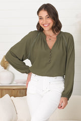 Magah Top - Buttoned Bodice Long Sleeve Slimline Smock Top in Military Green