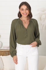 Magah Top - Buttoned Bodice Long Sleeve Slimline Smock Top in Military Green