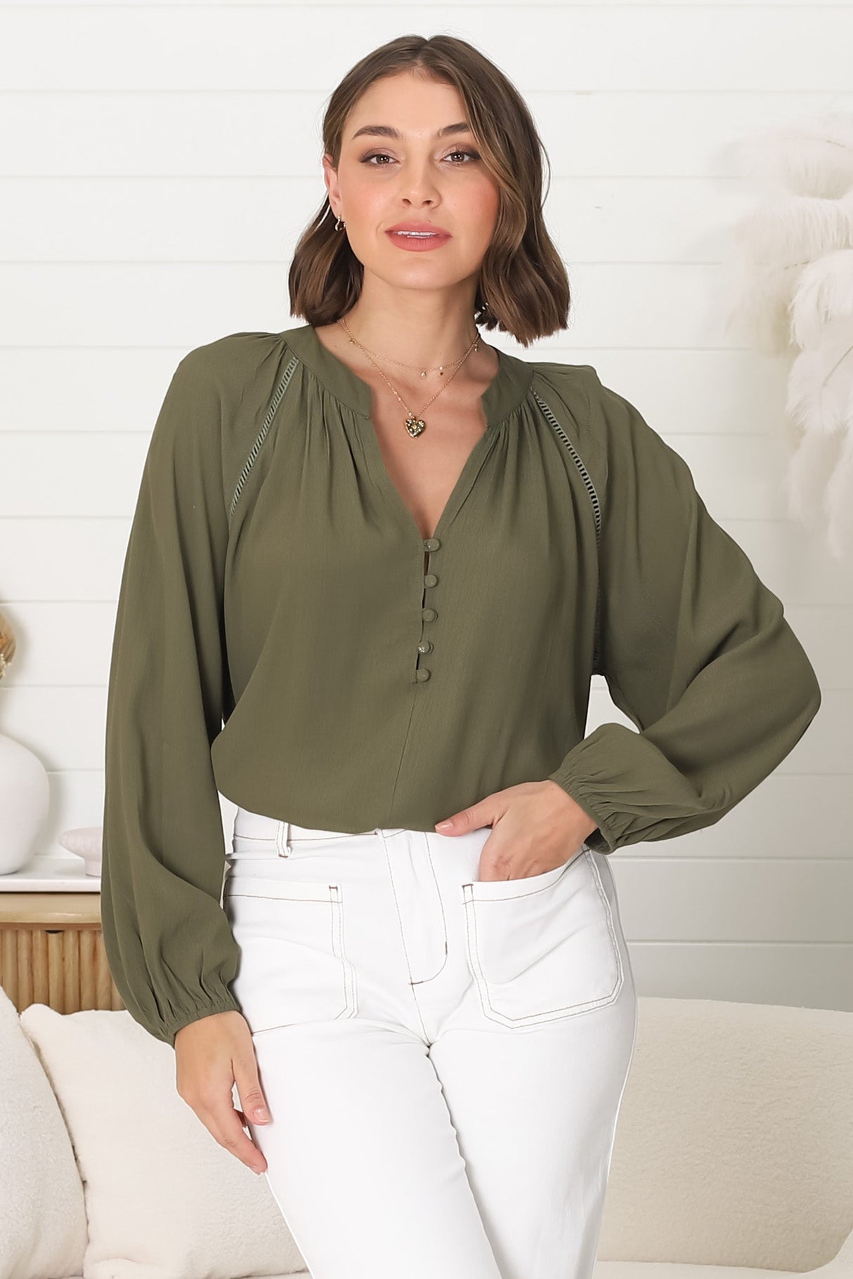 Magah Top - Buttoned Bodice Long Sleeve Slimline Smock Top in Military Green