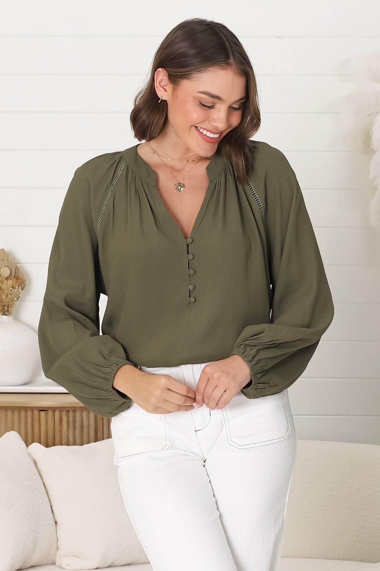 Magah Top - Buttoned Bodice Long Sleeve Slimline Smock Top in Military Green