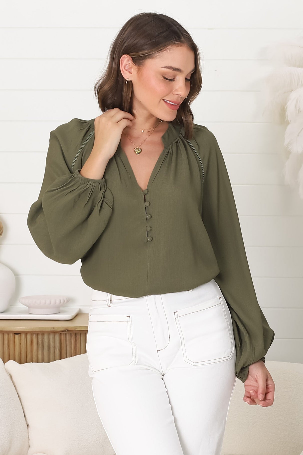 Magah Top - Buttoned Bodice Long Sleeve Slimline Smock Top in Military Green