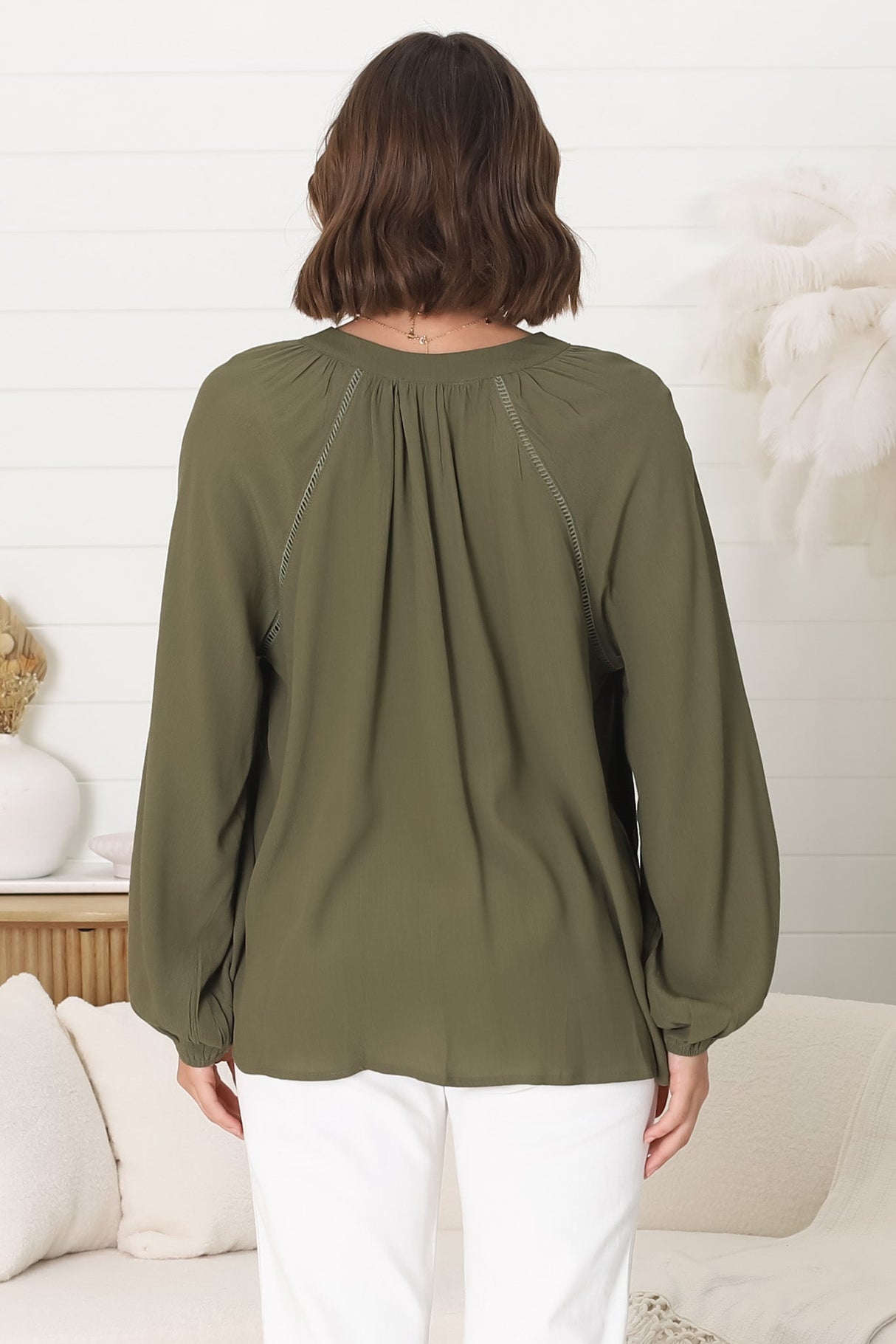 Magah Top - Buttoned Bodice Long Sleeve Slimline Smock Top in Military Green