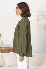 Magah Top - Buttoned Bodice Long Sleeve Slimline Smock Top in Military Green