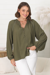 Magah Top - Buttoned Bodice Long Sleeve Slimline Smock Top in Military Green