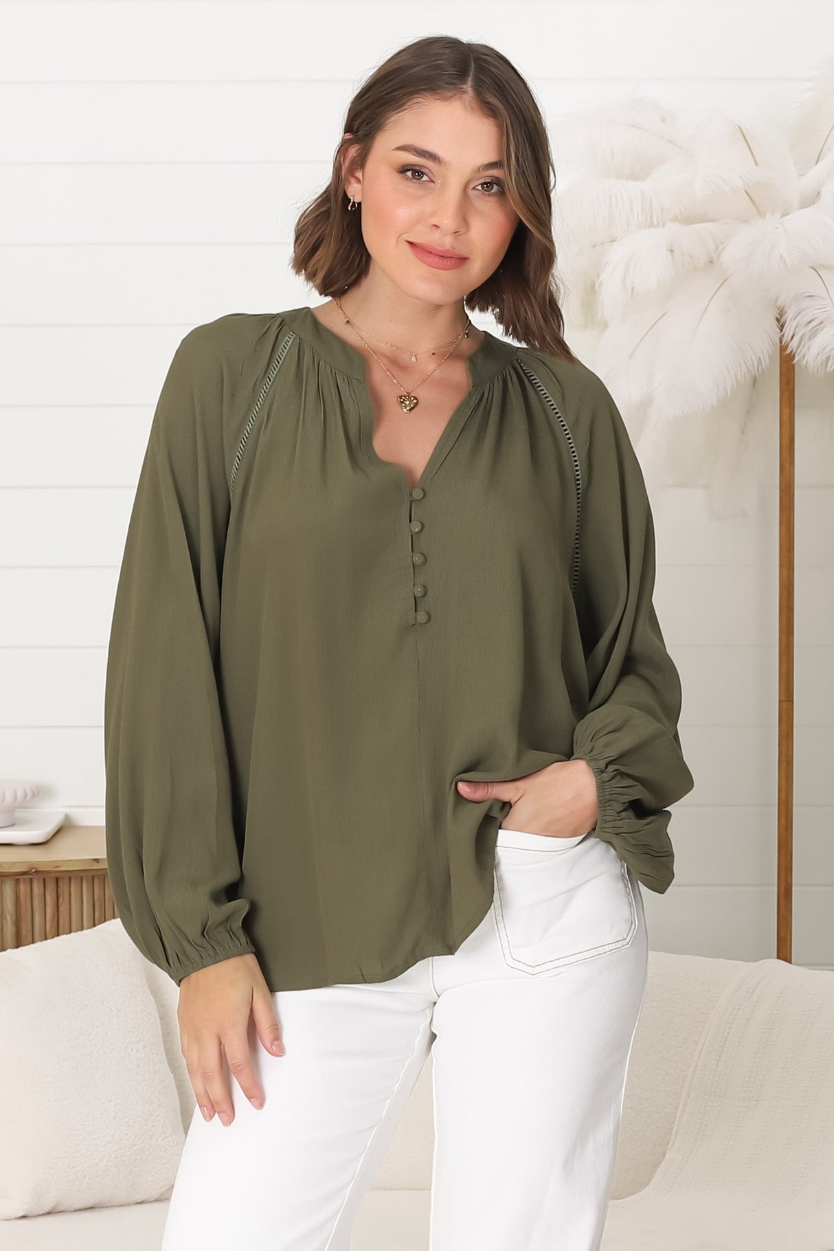 Magah Top - Buttoned Bodice Long Sleeve Slimline Smock Top in Military Green