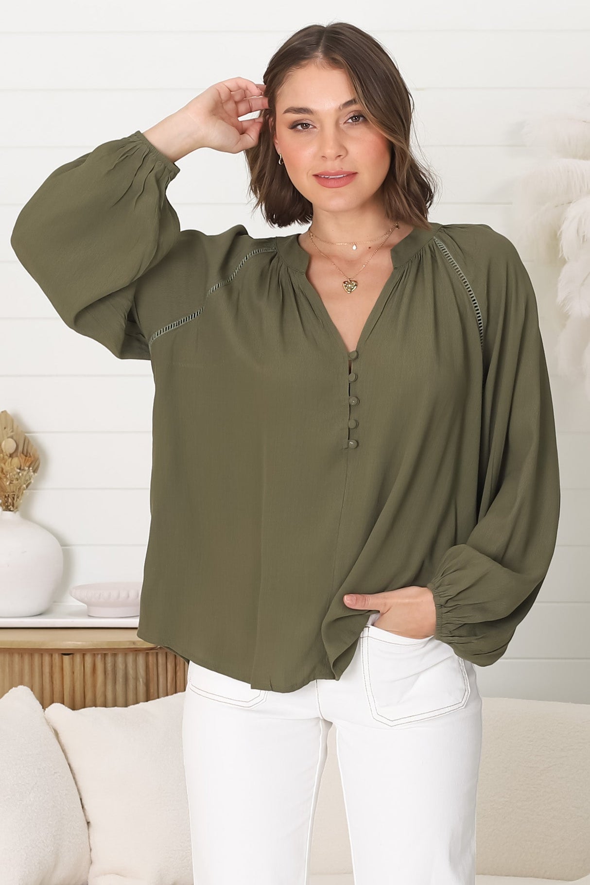 Magah Top - Buttoned Bodice Long Sleeve Slimline Smock Top in Military Green