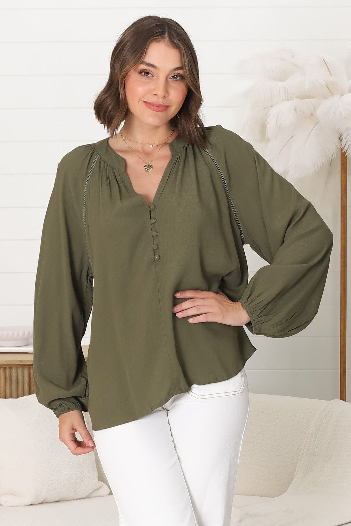 Magah Top - Buttoned Bodice Long Sleeve Slimline Smock Top in Military Green