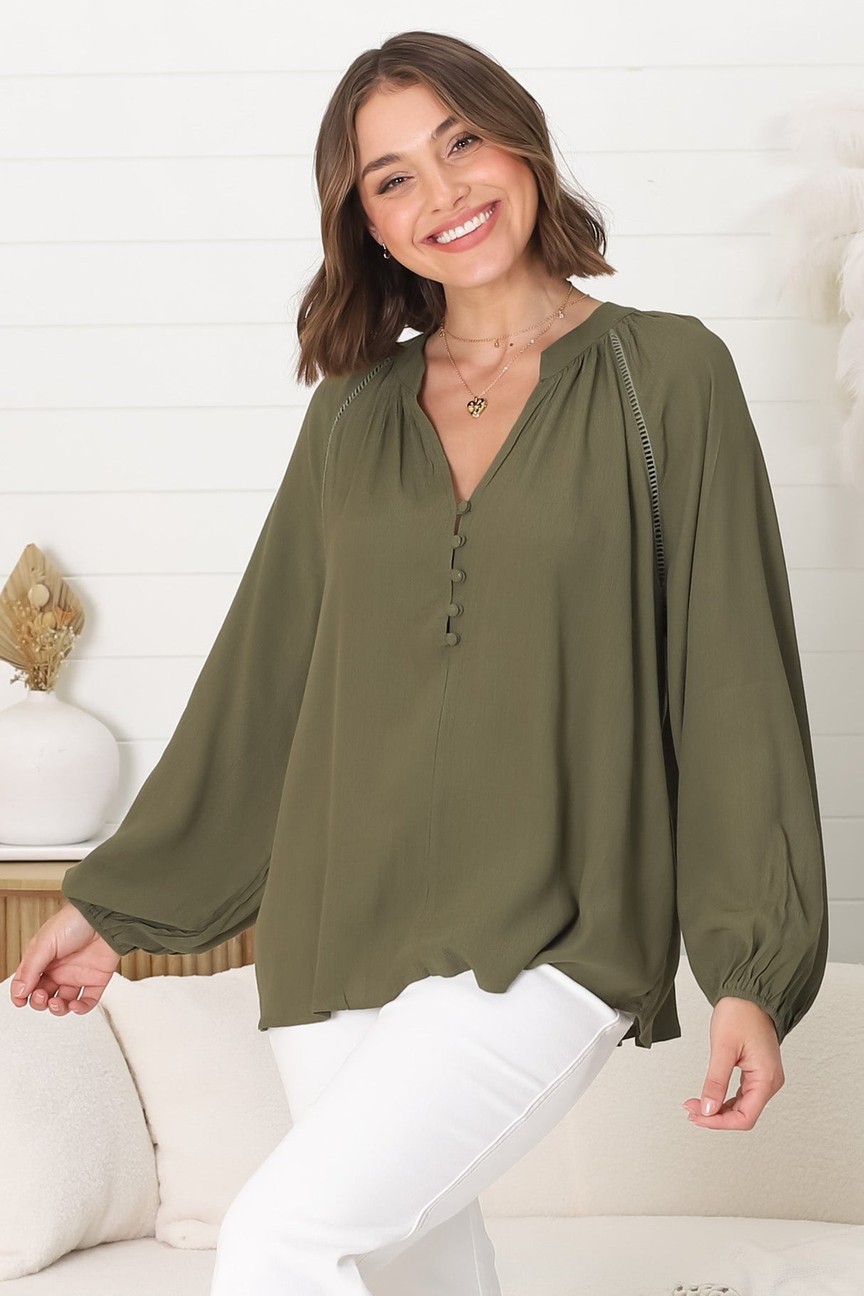 Magah Top - Buttoned Bodice Long Sleeve Slimline Smock Top in Military Green