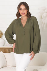 Magah Top - Buttoned Bodice Long Sleeve Slimline Smock Top in Military Green