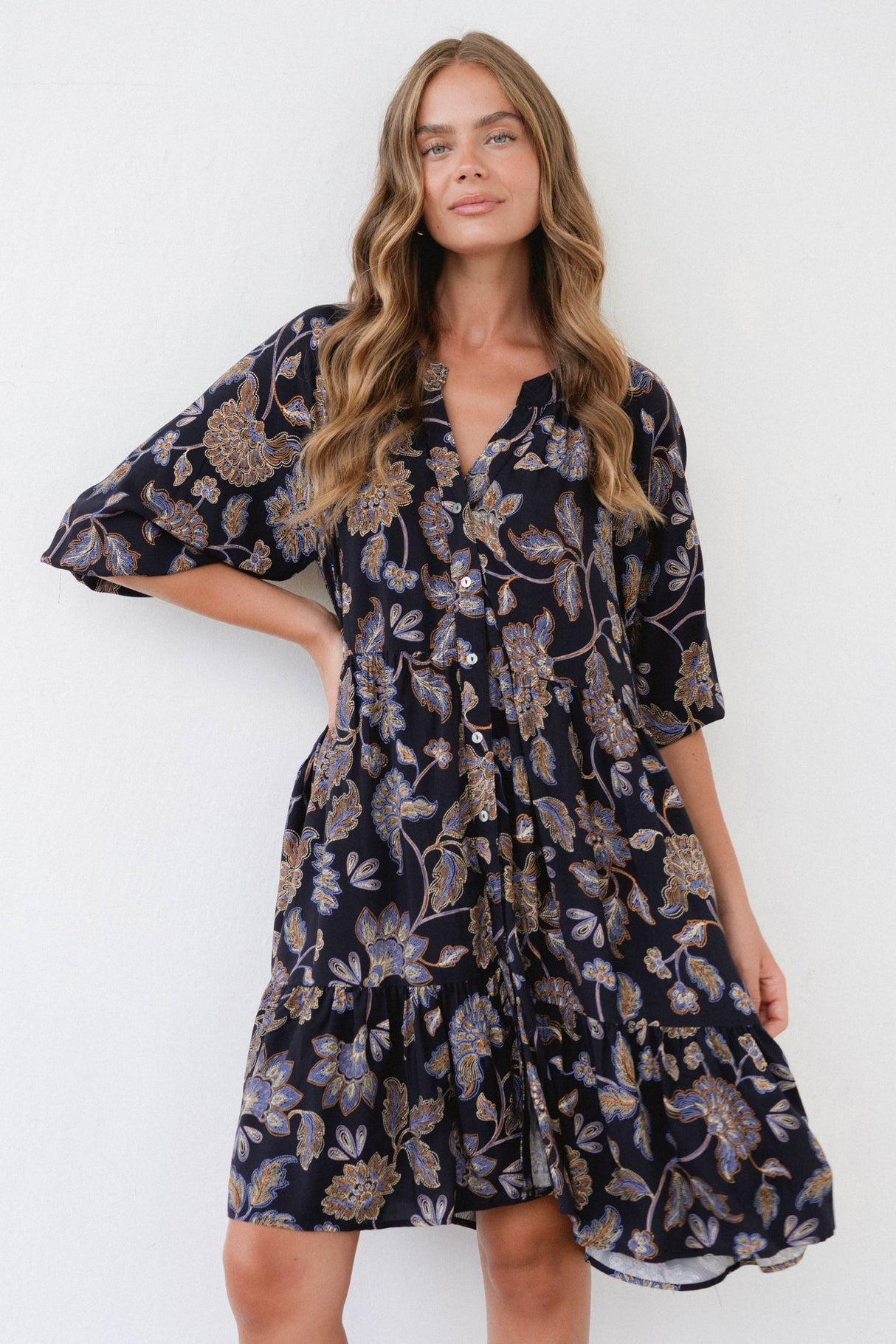 Maggie Mini Dress - Mandarin Collar Button Down Smock Dress in Enchanted Ink Print