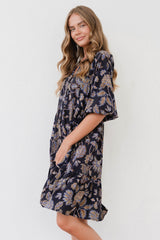 Maggie Mini Dress - Mandarin Collar Button Down Smock Dress in Enchanted Ink Print