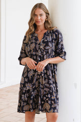 Maggie Mini Dress - Mandarin Collar Button Down Smock Dress in Enchanted Ink Print