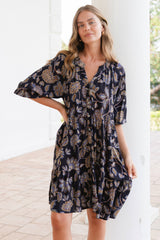 Maggie Mini Dress - Mandarin Collar Button Down Smock Dress in Enchanted Ink Print