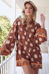 JAASE - Mahila Playsuit: Mandarin Collar Long Sleeves Playsuit in De La Soul Print