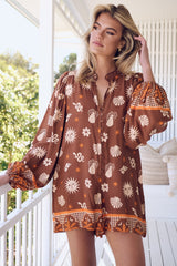 JAASE - Mahila Playsuit: Mandarin Collar Long Sleeves Playsuit in De La Soul Print