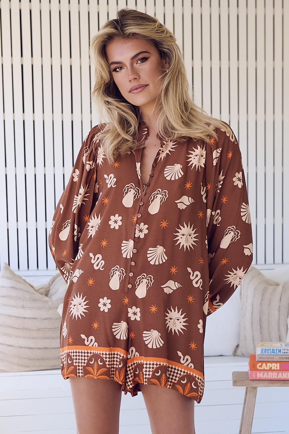 JAASE - Mahila Playsuit: Mandarin Collar Long Sleeves Playsuit in De La Soul Print