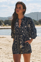 JAASE - Mahila Playsuit: Mandarin Collar Long Sleeves Playsuit in Elements Print