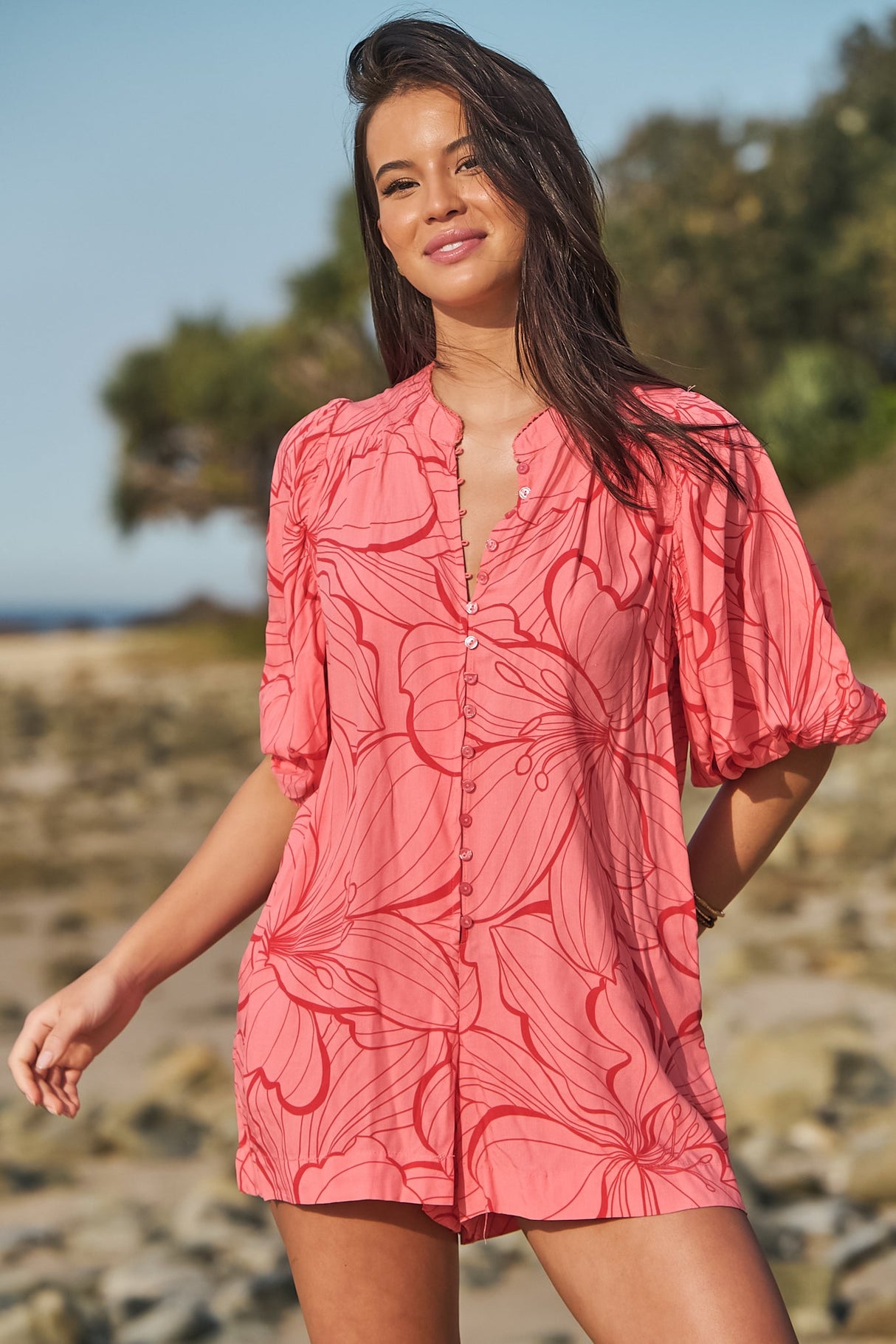 JAASE - Mahila Playsuit: Mandarin Collar Balloon Sleeve Playsuit in Rosella Print