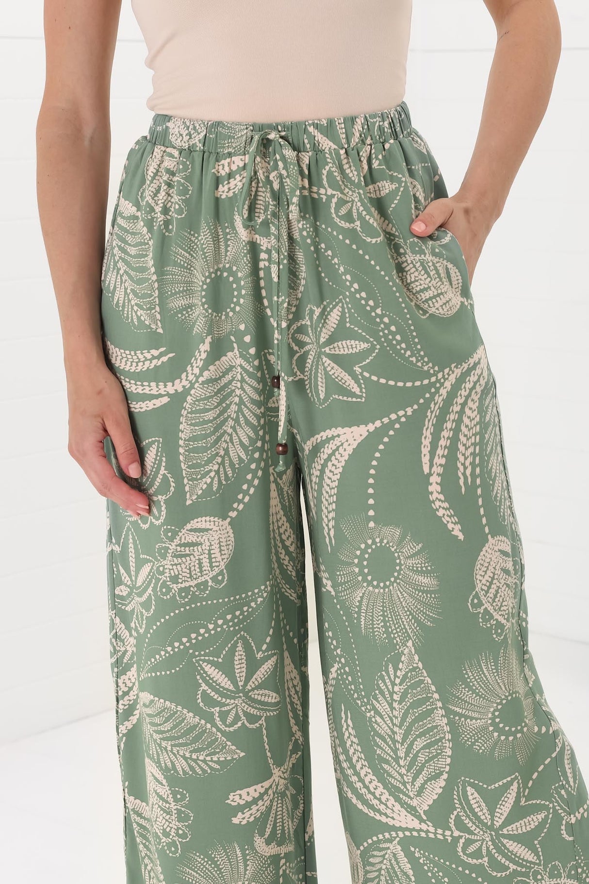 Mahina Pants - High Waisted Straight Leg Pants Havanna Print in Green