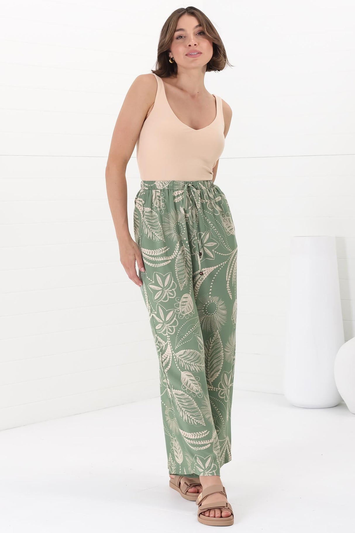 Mahina Pants - High Waisted Straight Leg Pants Havanna Print in Green