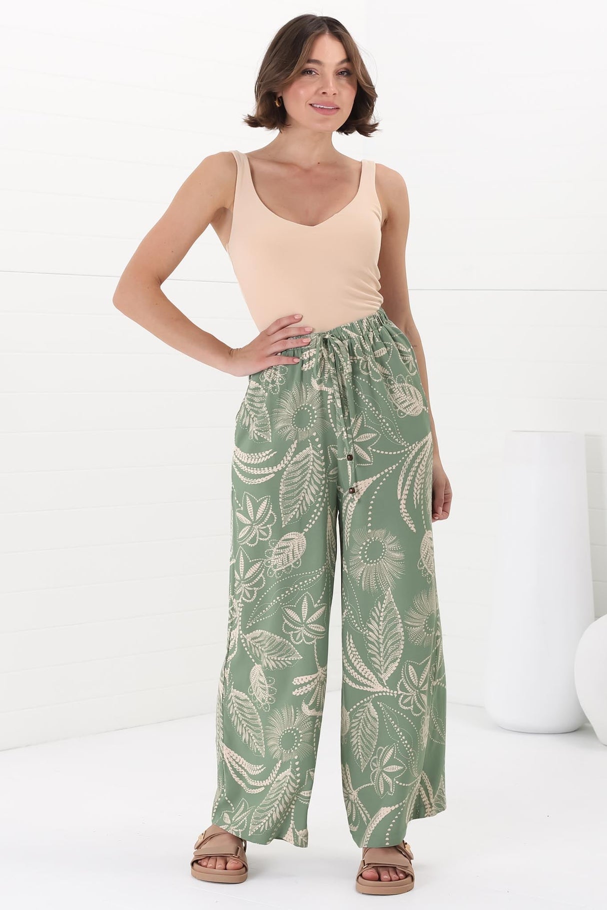 Mahina Pants - High Waisted Straight Leg Pants Havanna Print in Green