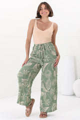 Mahina Pants - High Waisted Straight Leg Pants Havanna Print in Green