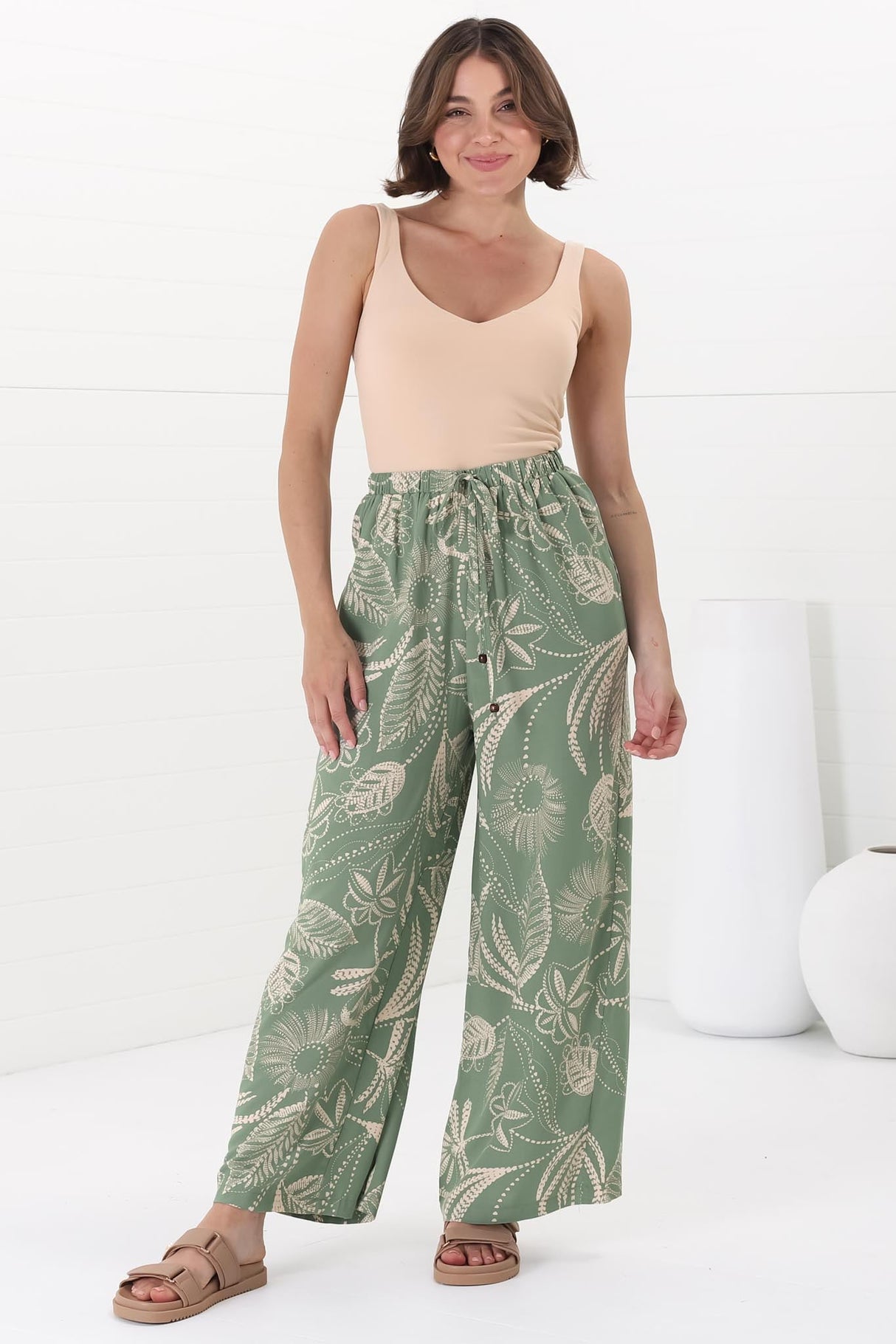 Mahina Pants - High Waisted Straight Leg Pants Havanna Print in Green