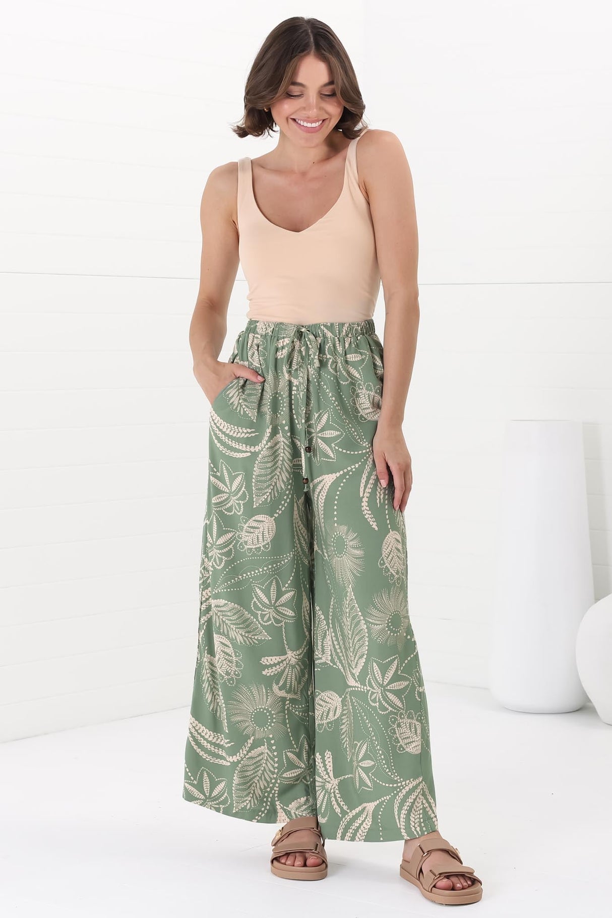 Mahina Pants - High Waisted Straight Leg Pants Havanna Print in Green