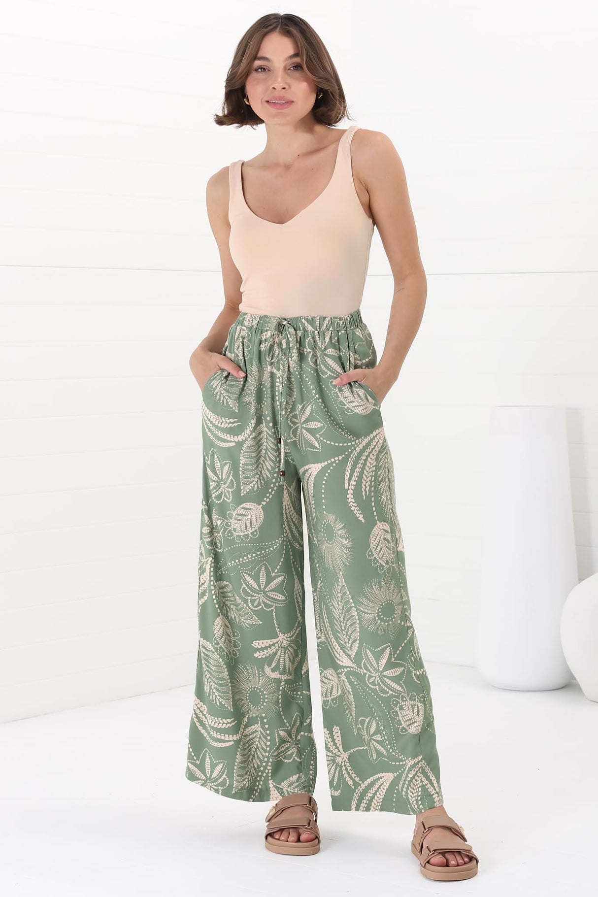 Mahina Pants - High Waisted Straight Leg Pants Havanna Print in Green