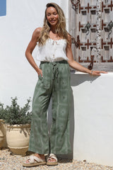 Mahina Pants - High Waisted Straight Leg Pants Astra Print in Green