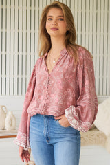JAASE - Mahlia Blouse: Mandarin Collar Buttoned Down Balloon Sleeve Top in Angelina Print